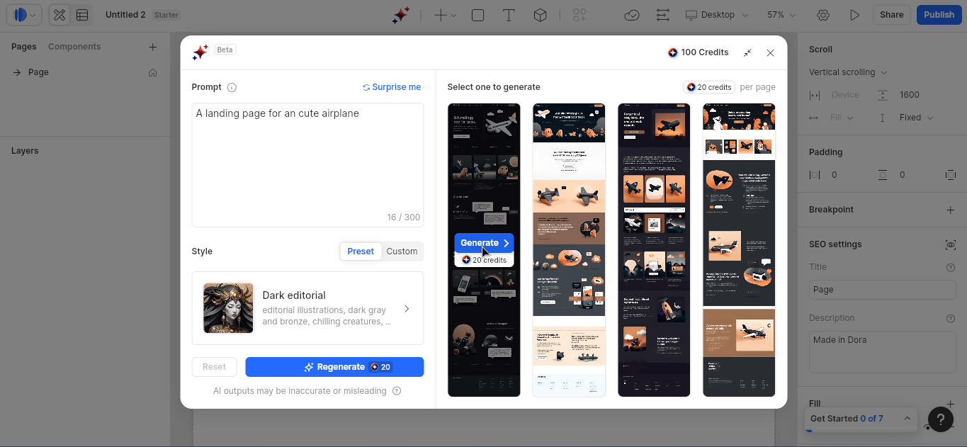 Build a website using Dora AI 